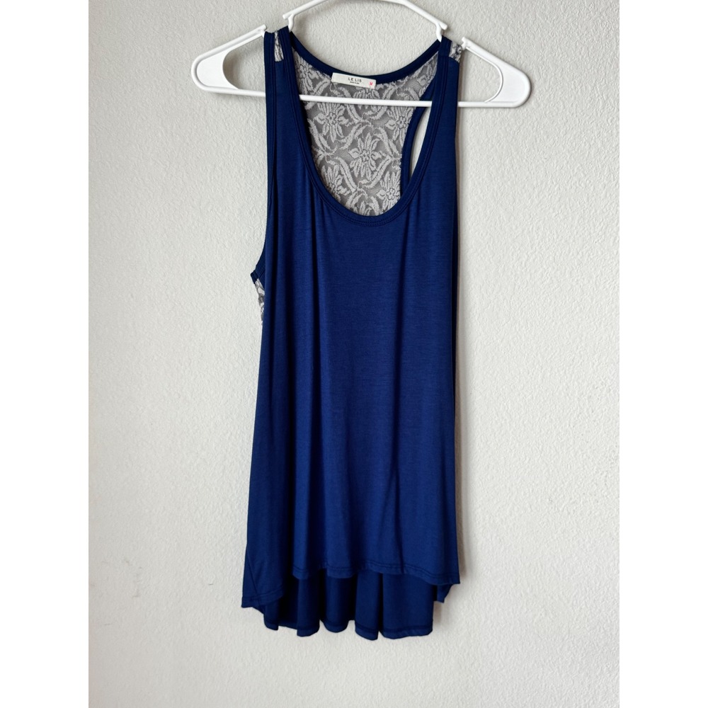 Le Lis Navy Blue Lace Racerback Tank Top High Low Hem HT1917A Large